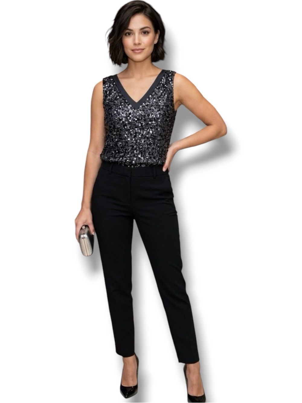 Calvin Klein Sequin Sleeveless Top L Black Metallic Sparkle Tank Blouse Evening